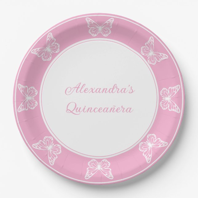 Regal Pink Quinceañera - Butterfly Disposable Paper Plates (Front)