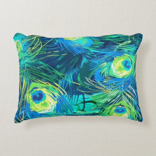 Regal Plumage Blue and Green Peacock Feathers Accent Pillow
