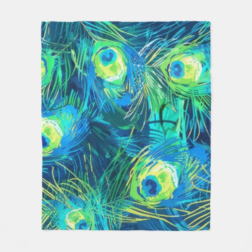 Regal Plumage Blue and Green Peacock Feathers Fleece Blanket