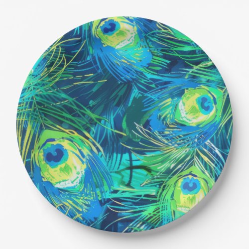 Regal Plumage Blue and Green Peacock Feathers Paper Plates