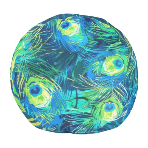Regal Plumage Blue and Green Peacock Feathers Pouf