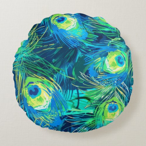 Regal Plumage Blue and Green Peacock Feathers Round Pillow