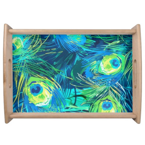 Regal Plumage Blue and Green Peacock Feathers Serving Tray