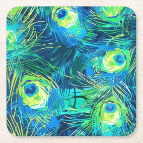 Regal Plumage Blue and Green Peacock Feathers Square Paper Coaster