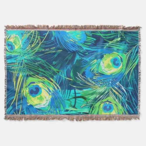 Regal Plumage Blue and Green Peacock Feathers Throw Blanket