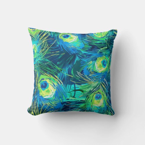 Regal Plumage Blue and Green Peacock Feathers Throw Pillow