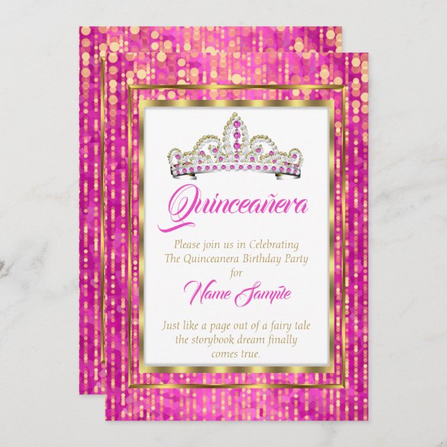 Regal Princess Pink Quinceanera Gold White Invitation (Front/Back)