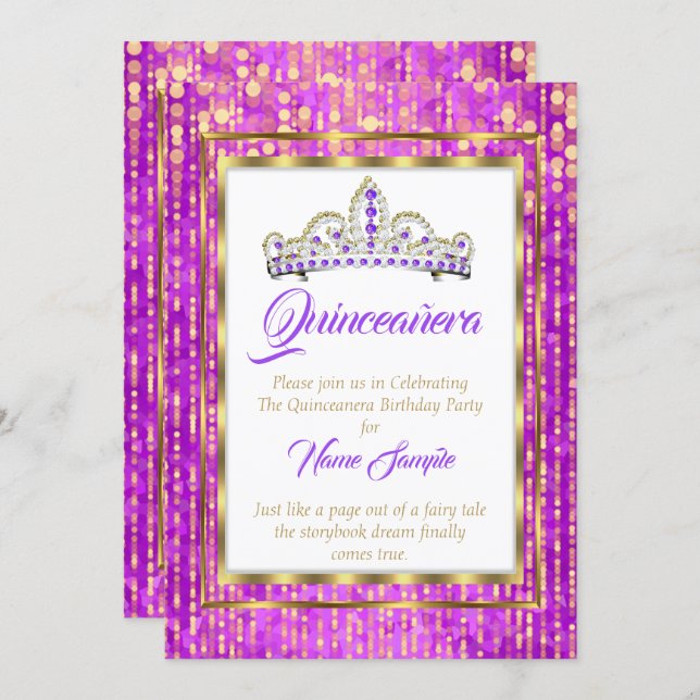 Regal Princess Purple Quinceanera Gold White Invitation (Front/Back)