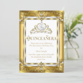 Regal Princess Quinceanera 15th Gold White Pearl Invitation (Standing Front)