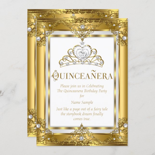 Regal Princess Quinceanera 15th Gold White Pearl Invitation (Front/Back)