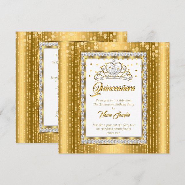 Regal Princess Quinceanera Gold White Diamond Invitation (Front/Back)