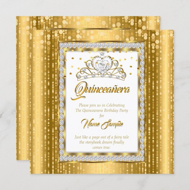 Regal Princess Quinceanera Gold White Diamond Invitation (Front/Back)