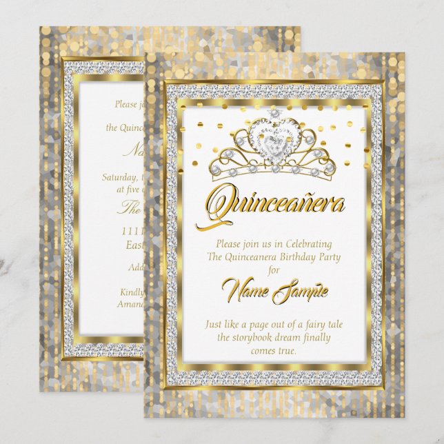 Regal Princess Quinceanera Gold White Silver Invitation (Front/Back)