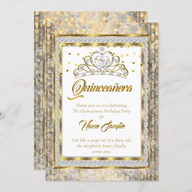 Regal Princess Quinceanera Gold White Silver Invitation (Front/Back)