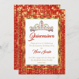 Regal Princess Red Quinceanera Gold White Invitation