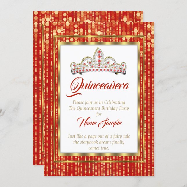 Regal Princess Red Quinceanera Gold White Invitation (Front/Back)