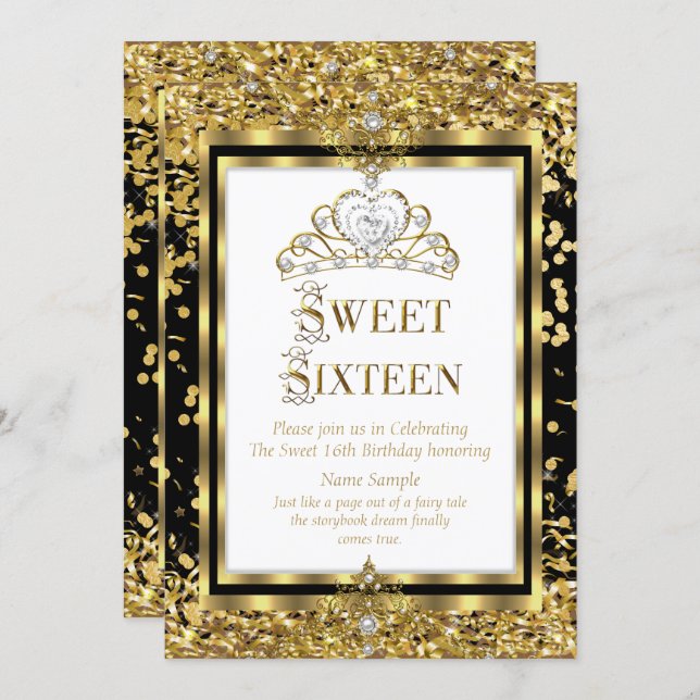 Regal Princess Sweet 16 Gold Black White Party Invitation (Front/Back)