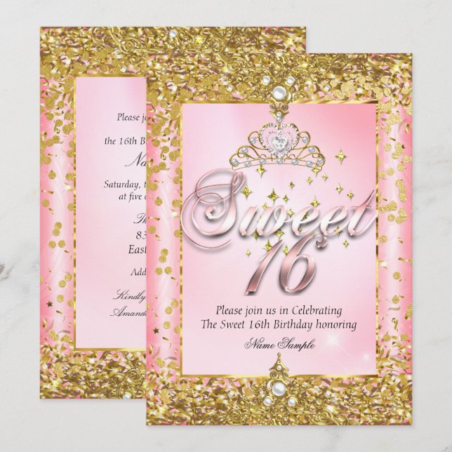Regal Princess Sweet 16 Gold Blush Pink Party Invitation (Front/Back)