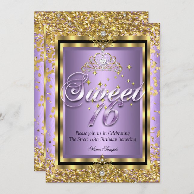 Regal Princess Sweet 16 Gold Lavender Purple Party Invitation (Front/Back)