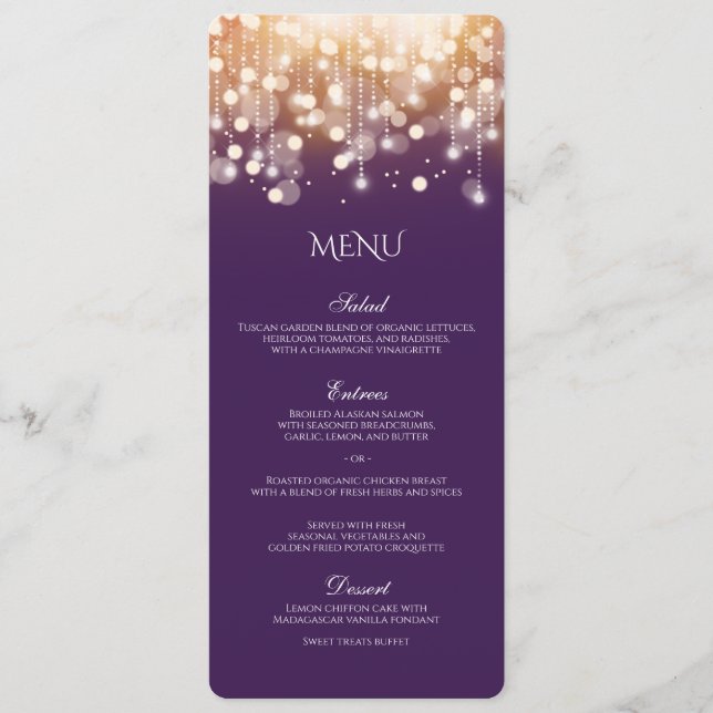Regal Purple and Gold Bokeh Lights Menu (Front)