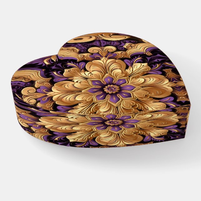 Regal Purple and Gold Floral Heart Paperweight (Angled)