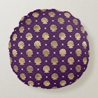 Regal Purple and Gold Shell Round Throw Pillow