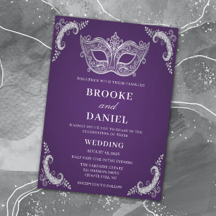 Regal Purple and Silver Masquerade Feather Wedding Invitation