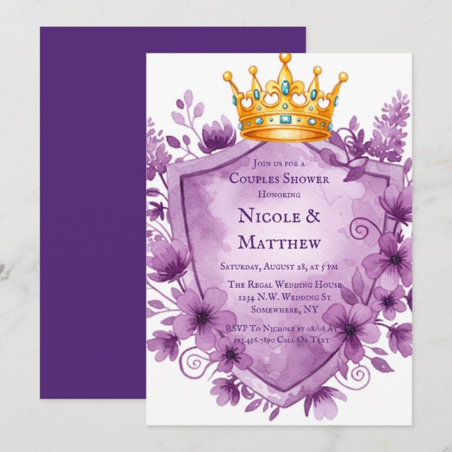 Regal Purple Floral Crest Wedding Invitation (Front/Back)