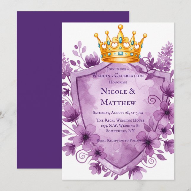 Regal Purple Floral Crest Wedding Invitation (Front/Back)