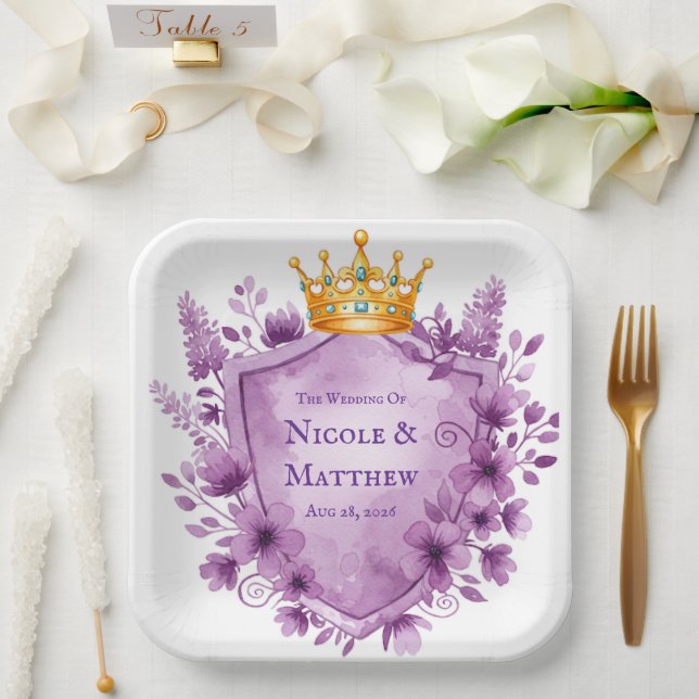 Regal Purple Floral Crest Wedding Paper Plates (Wedding)