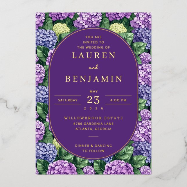Regal Purple Floral Hydrangea Foil Invitation (Front)