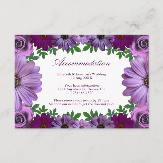 Regal Purple Floral Wedding Accommodation Enclosure Card (Front)