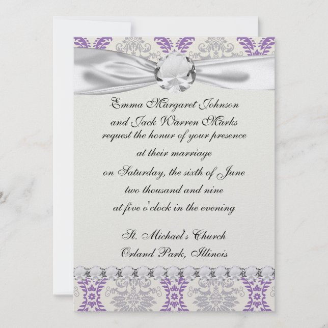 regal purple gray and cream damask design invitation (Front)