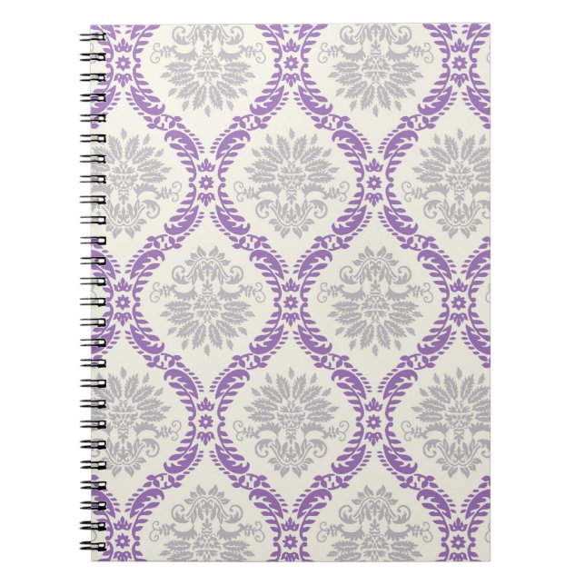 regal purple gray and cream damask design notebook (Front)
