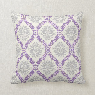 regal purple gray and cream damask design throw pillow