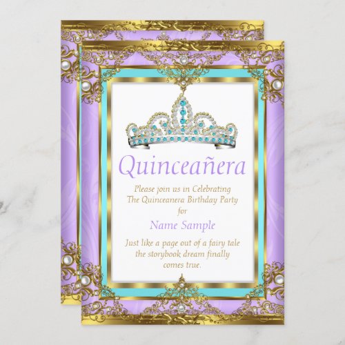Regal Purple Teal Quinceanera Gold White Pearl Invitation