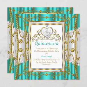 Regal Quinceanera 15th Teal Jade Gold White Tiara Invitation