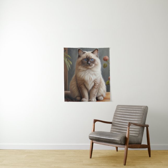 Regal Ragdoll Cat Portrait Fluffy Blue Eyed  Tapestry (In Situ)