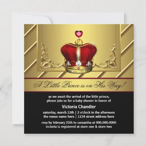 Regal Red and Gold Crown Prince Baby Shower Invitation