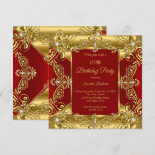 Regal Red Birthday Party Ornate Gold Faux Diamonds Invitation