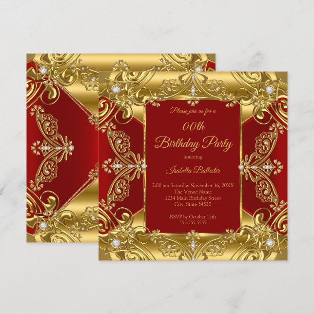Regal Red Birthday Party Ornate Gold Faux Diamonds Invitation (Front/Back)