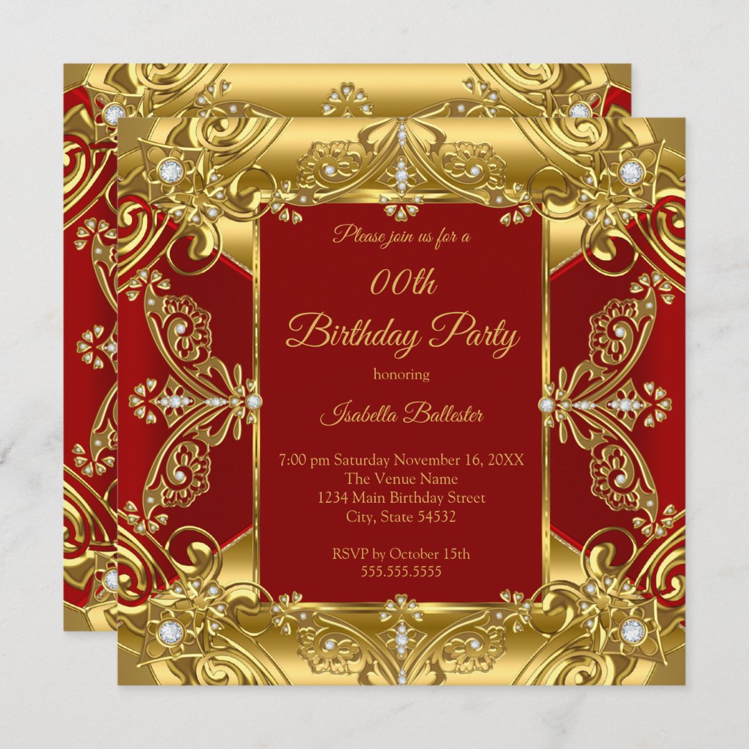 Regal Red Birthday Party Ornate Gold Faux Diamonds Invitation | Zazzle