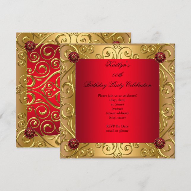Regal Red Elegant Birthday Party Damask Gold Invitation (Front/Back)