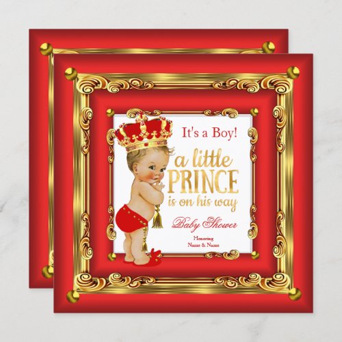 Regal Red Gold Prince Baby Shower Blonde Boy Invitation