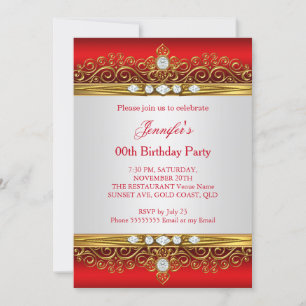 Regal Red Gold White Diamond Birthday Party Invitation