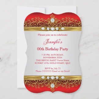 Regal Red Gold White Diamond Birthday Party Invitation
