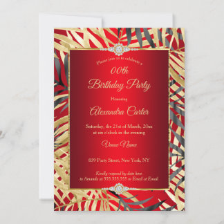 Regal Red Gray Gold Palms Diamond Birthday Party Invitation
