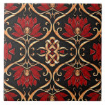 Regal Red Lotus &amp; Golden Filigree Pattern Ceramic Tile
