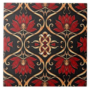 Regal Red Lotus & Golden Filigree Pattern Ceramic Tile