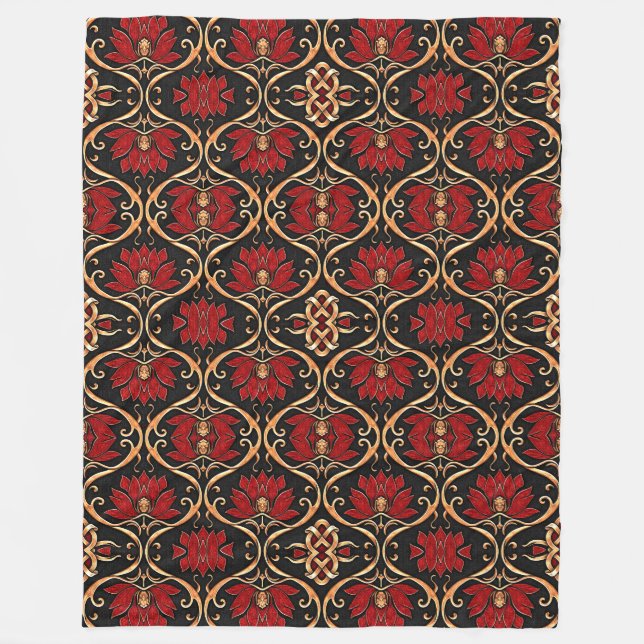 Regal Red Lotus & Golden Filigree Pattern Fleece Blanket (Front)